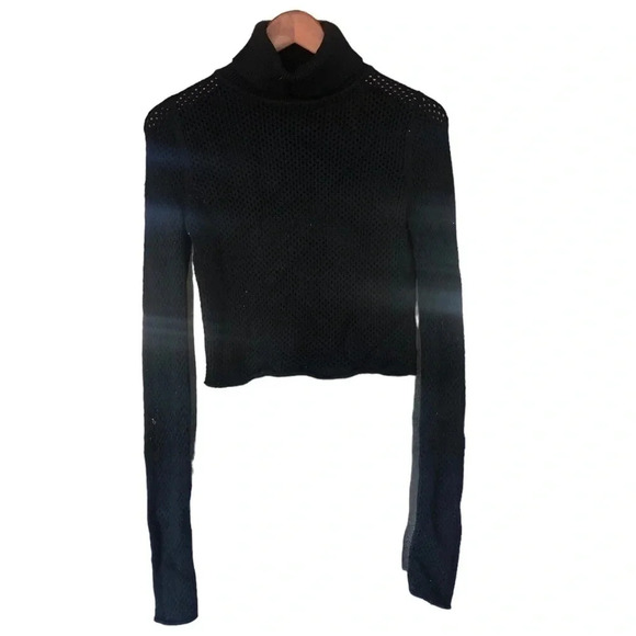 90s style Black mesh knit turtle neck cropped sweater casual chic basic timeless - Picture 2 of 4